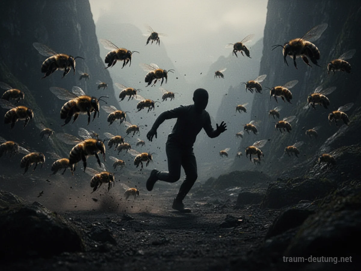 Eine Person wird von einem Schwarm stilisierten Bienen verfolgt. Dunkle, abstrakte Landschaft.