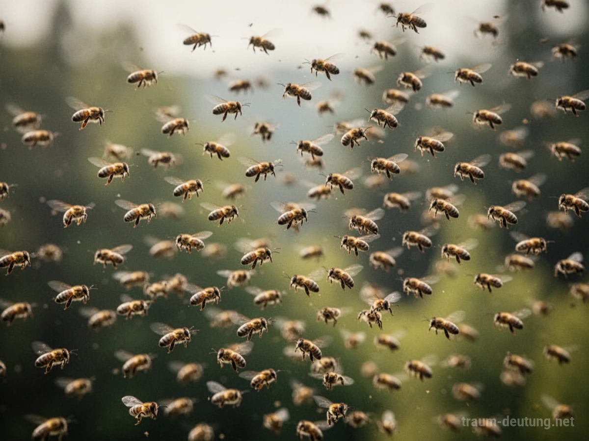 Ein Bienenschwarm fliegt in einem Muster über einer grünen Wiese.