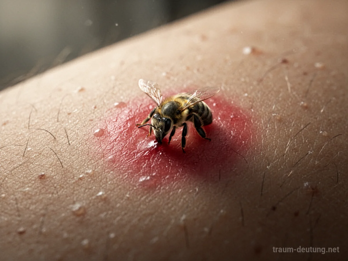 Nahaufnahme eines Bienenstichs auf Haut, der leicht geschwollen ist.