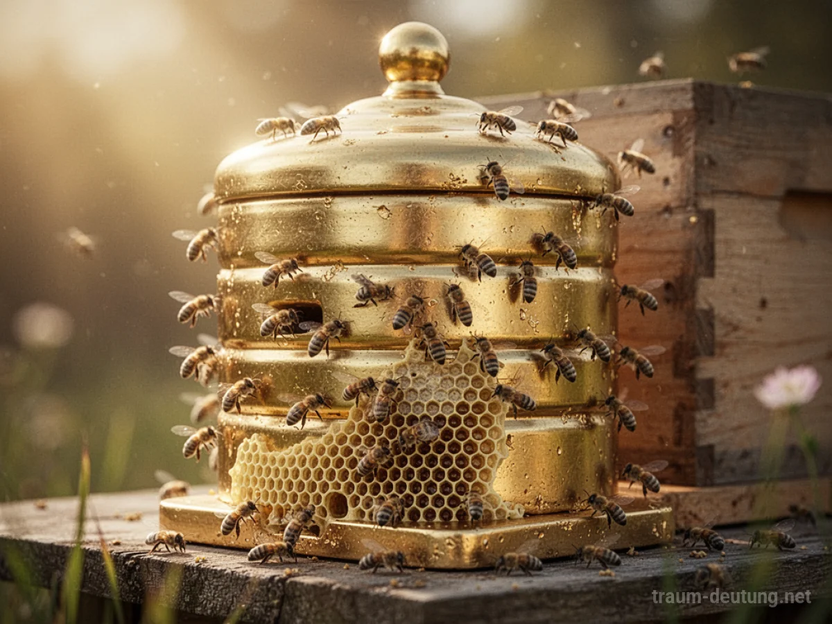Goldener Bienenstock mit summenden Bienen im warmen Licht