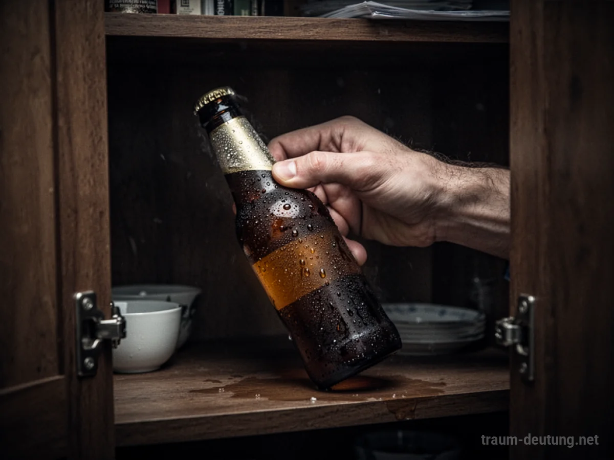 Hand entdeckt Bierflasche in dunklem Schrank