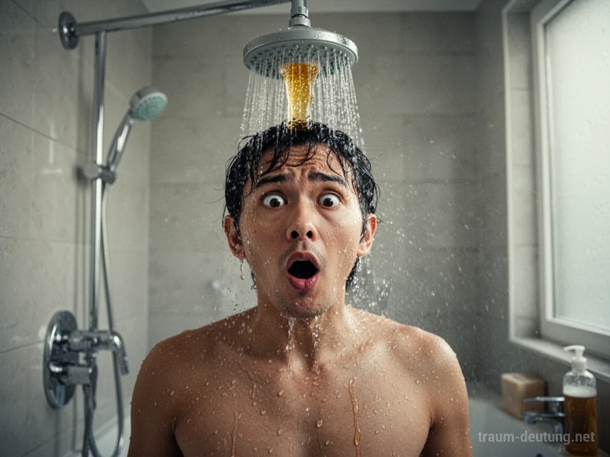 Eine Person steht unter einer Dusche, aus der Bier statt Wasser fließt.