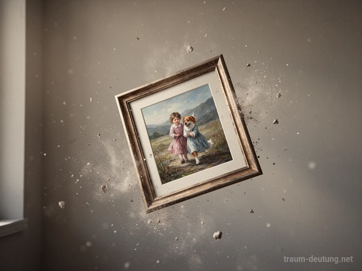 Ein gerahmtes Bild fällt von einer Wand, Staubpartikel sind sichtbar.