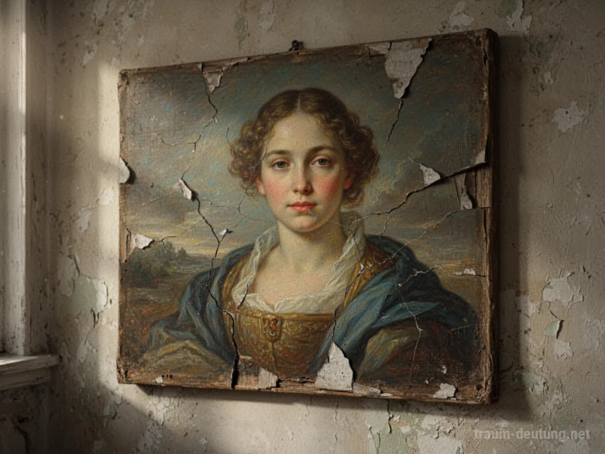 Ein verzerrtes und verfallendes Gemälde an einer Wand.