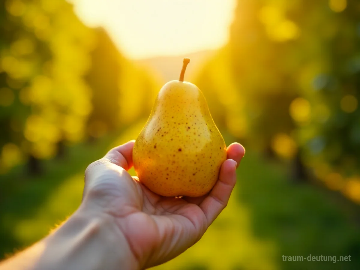 Eine reife Birne wird in der Hand gehalten, vor einem unscharfen Hintergrund von Obstbäumen.