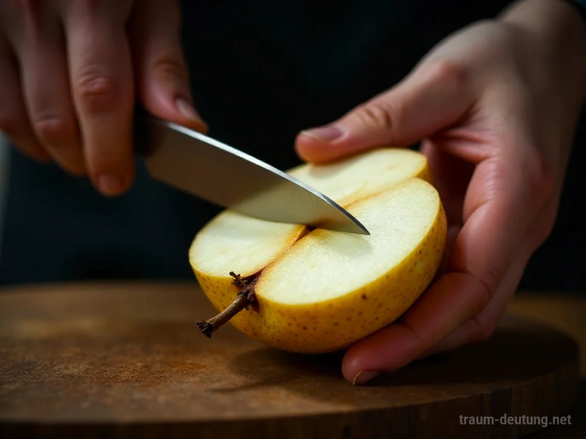 Eine Hand schneidet eine reife Birne mit einem Messer in zwei Hälften.