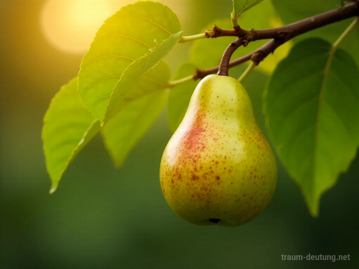 Reife Birne an einem Ast im Sonnenlicht