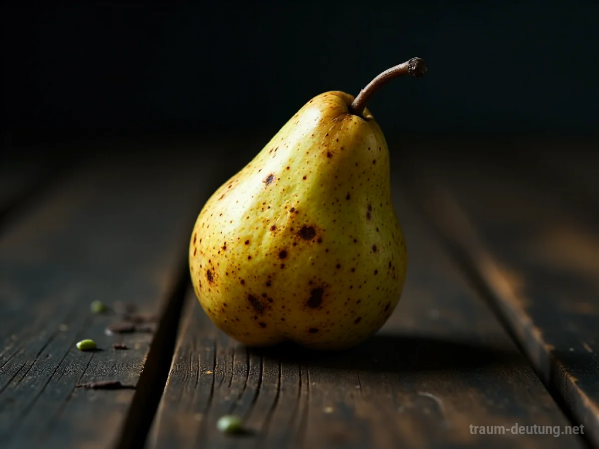Eine einzelne, schlecht gewordene Birne mit dunklen Flecken und Schimmel auf Holz.