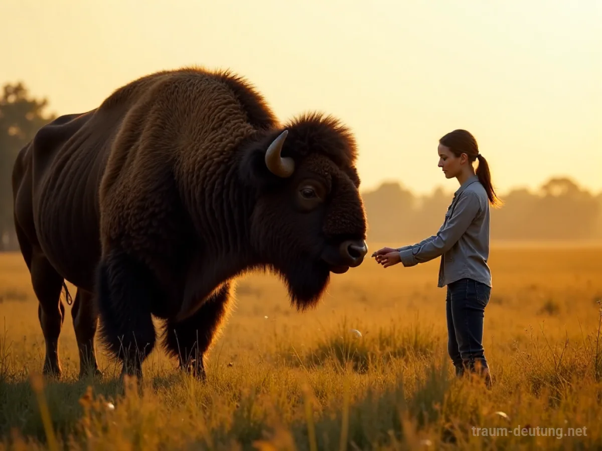 Hand reicht einem ruhigen Bison Futter in einer weiten Graslandschaft