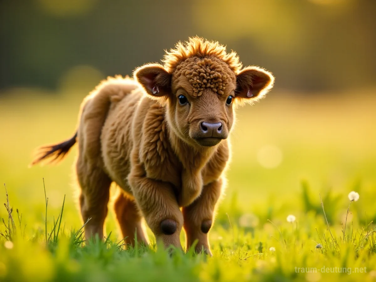 Ein niedliches Bisonbaby steht in einer sonnigen Wiese.