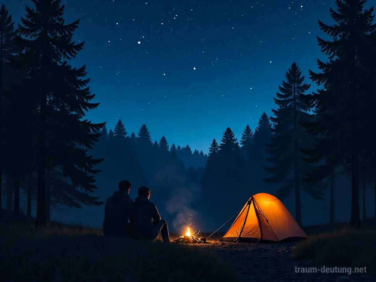 Zwei Silhouetten schlafen im Biwak unter Sternenhimmel mit Lagerfeuer.
