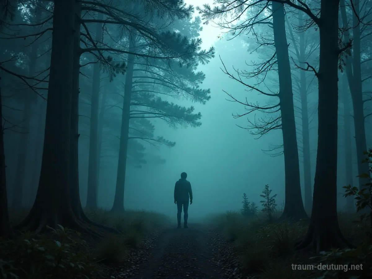Eine Person sucht im dichten Nebel nach einem Unterschlupf im Wald.