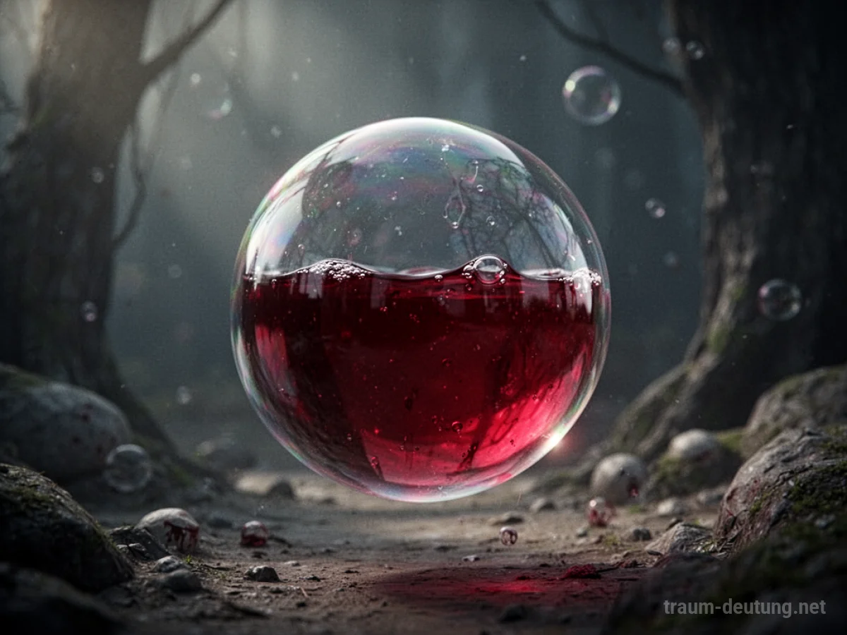 Eine durchscheinende Blase, gefüllt mit dunkler Flüssigkeit, schwebt in einem surrealen Raum.