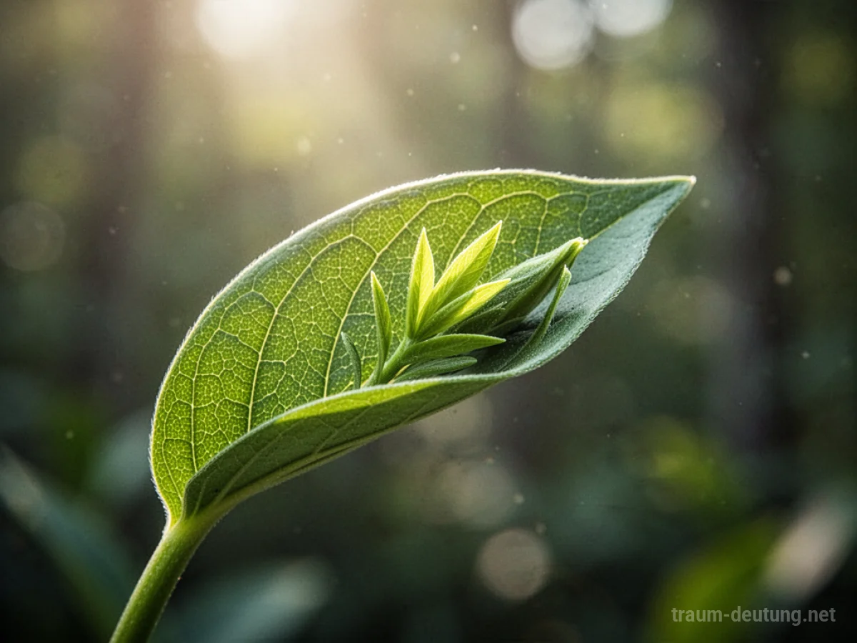 Ein grünes Blatt entfaltet sich und zeigt neues Wachstum, beleuchtet von Sonnenlicht.