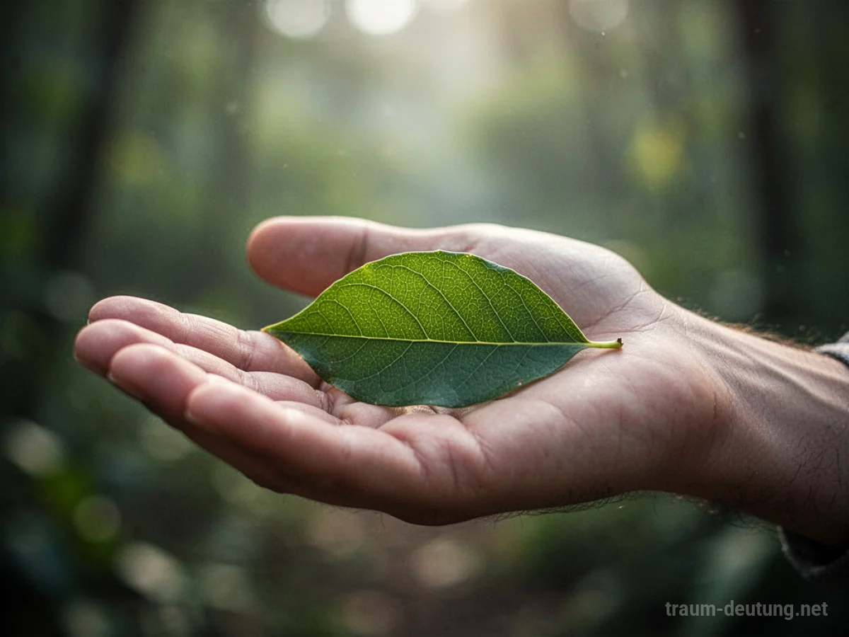 Ein Blatt in der Handfläche einer Person, umgeben von unscharfer Natur.