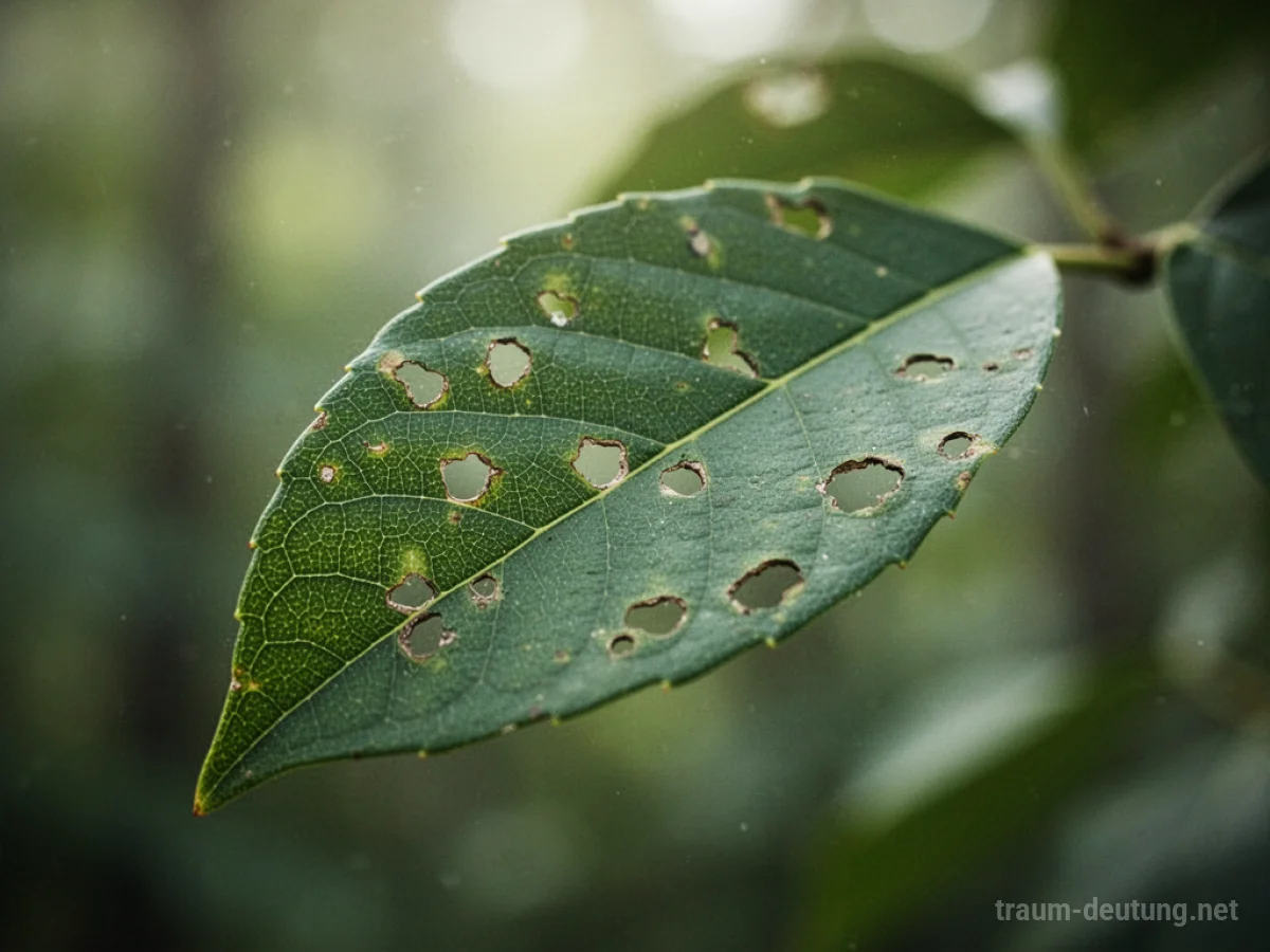Ein grünes Blatt mit mehreren kleinen, sauberen Löchern.