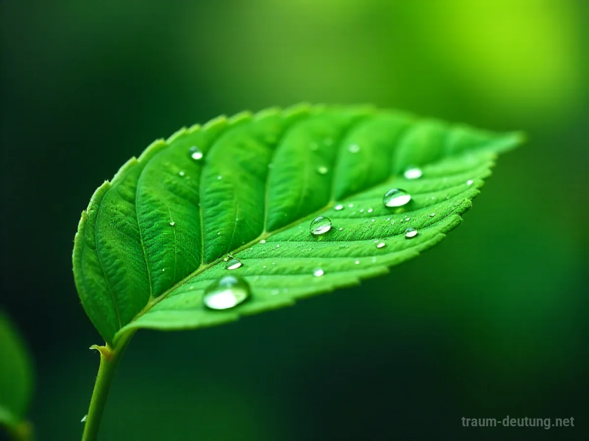 Grünes Blatt mit vielen Tautropfen im Morgentau