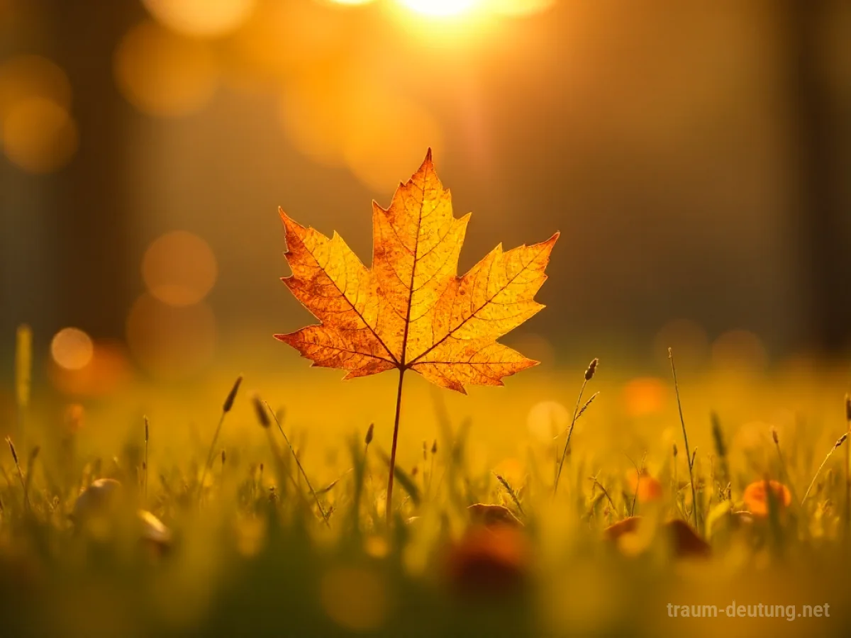 Ein einzelnes Herbstblatt wird sanft vom Wind getragen.