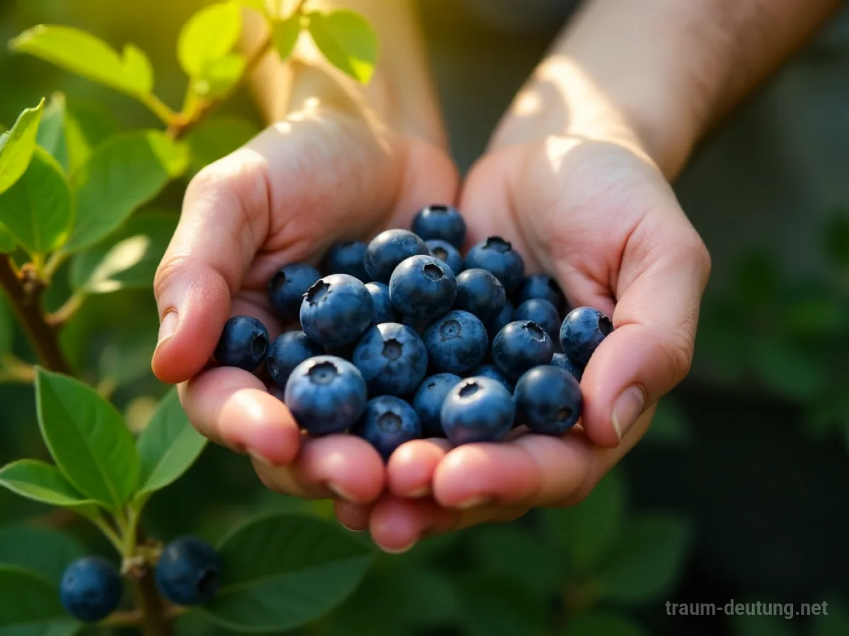 Hände pflücken reife Blaubeeren von einem Strauch.