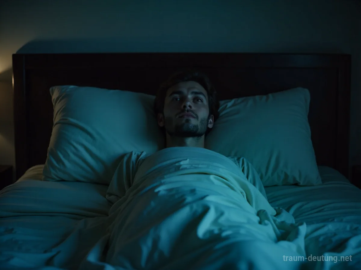 Person wacht blind im Bett auf, mit unsicherem Blick in dunkler Umgebung.