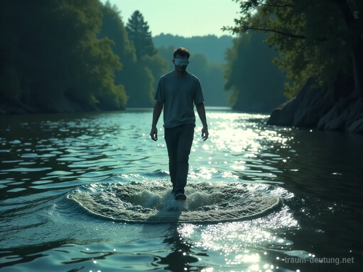Eine Person geht blind über einen Fluss.