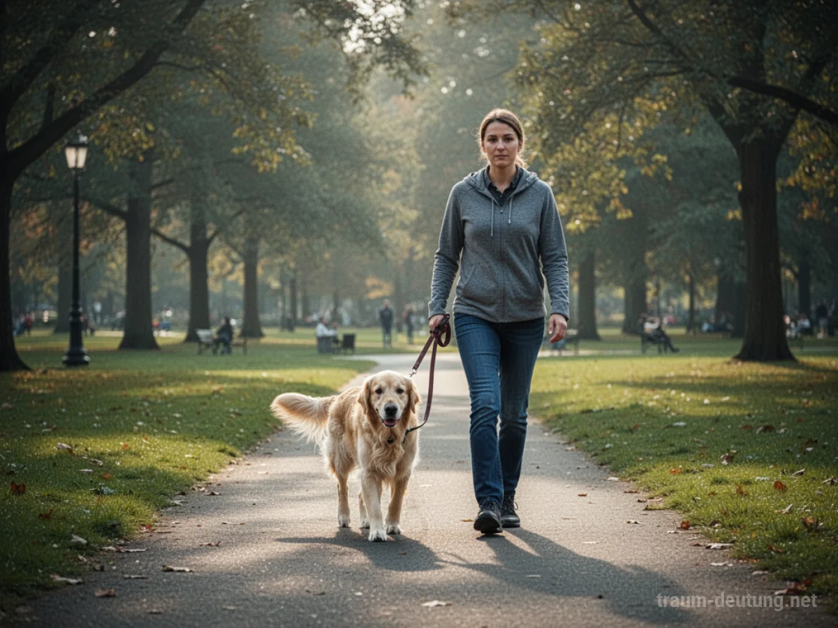 Eine Person wird von einem Blindenhund über einen Weg geführt.
