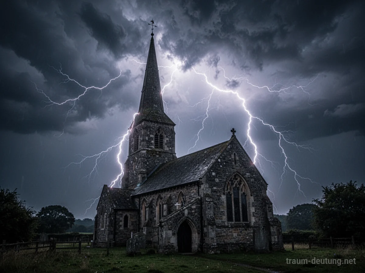 Ein Blitz schlägt in den Kirchturm einer alten Steinkirche ein, beleuchtet von der stürmischen Nacht.