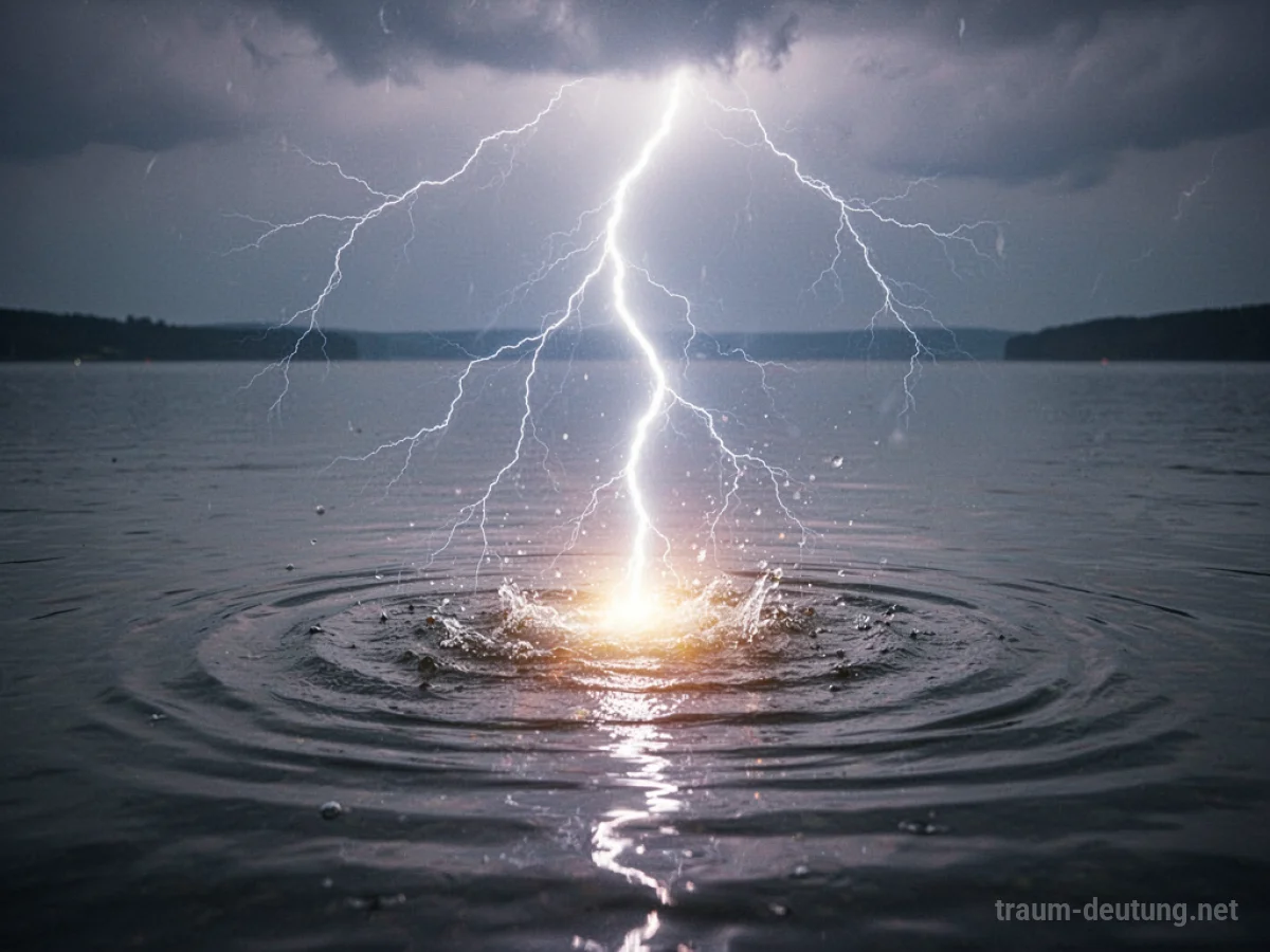 Blitzschlag trifft auf Wasseroberfläche, die aufleuchtet.