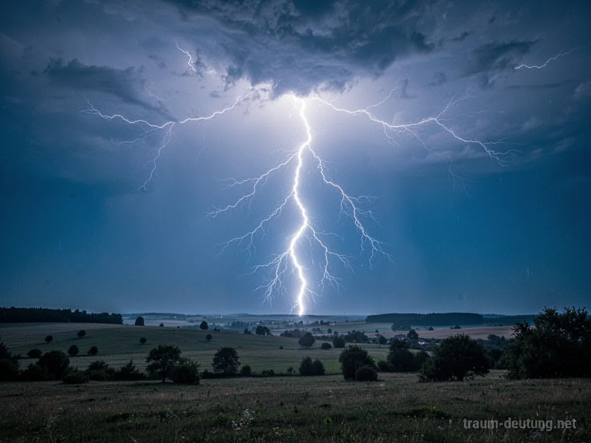 Heller Blitz schlägt aus klarem Himmel in eine friedliche Landschaft.