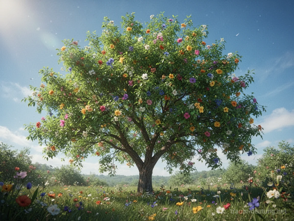Ein Baum in voller Blüte mit bunten Blumen und grünem Laub vor einem blauen Himmel.