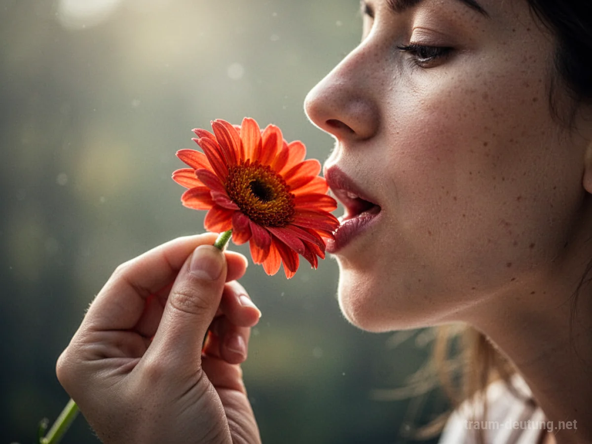 Eine Person isst eine Blume in einem Traum, symbolisch für die Aufnahme von Nährung.