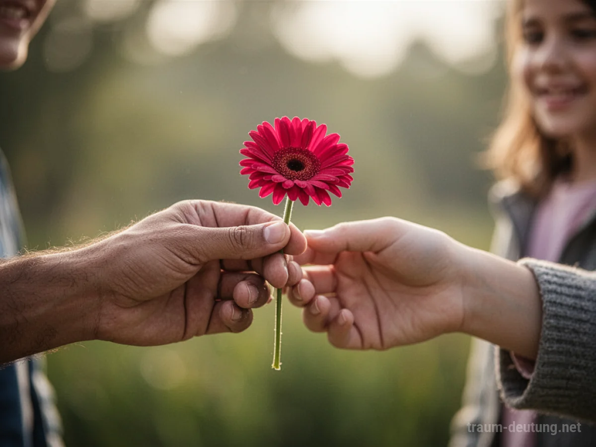 Eine Hand reicht einer anderen Person eine einzelne, leuchtende Blume.