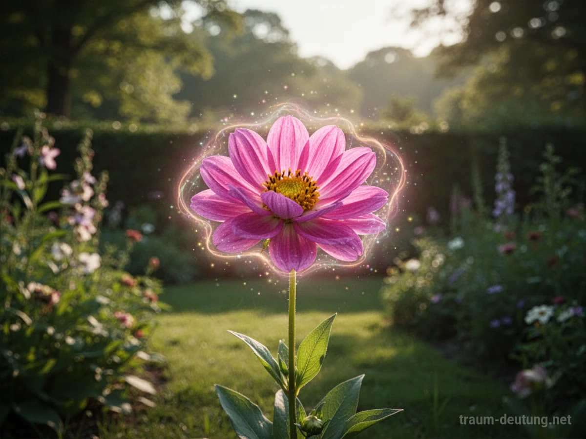Eine einzelne, leuchtende Blume in einem sonnigen Garten, deren Blütenblätter sich öffnen.