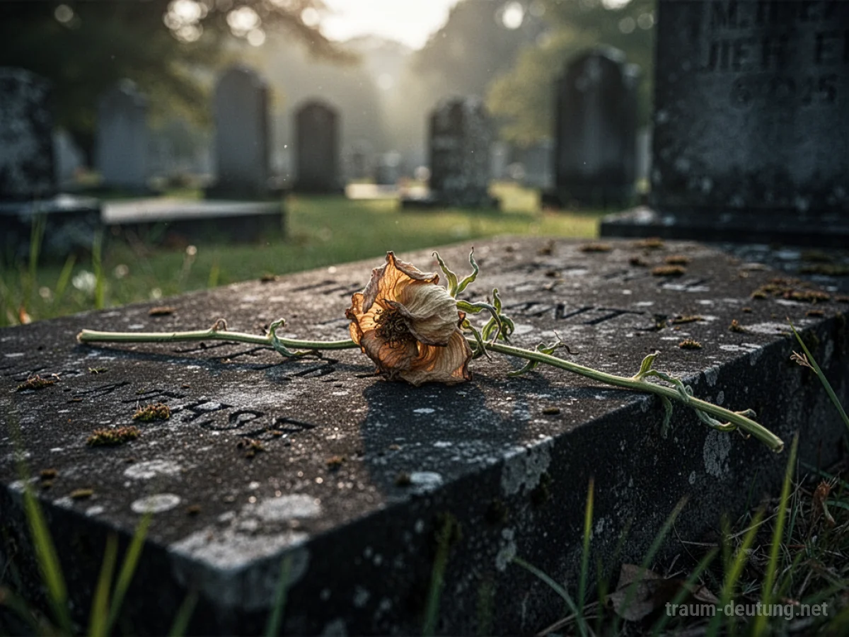 Verwelkte Blume liegt auf einem Grabstein im Friedhof