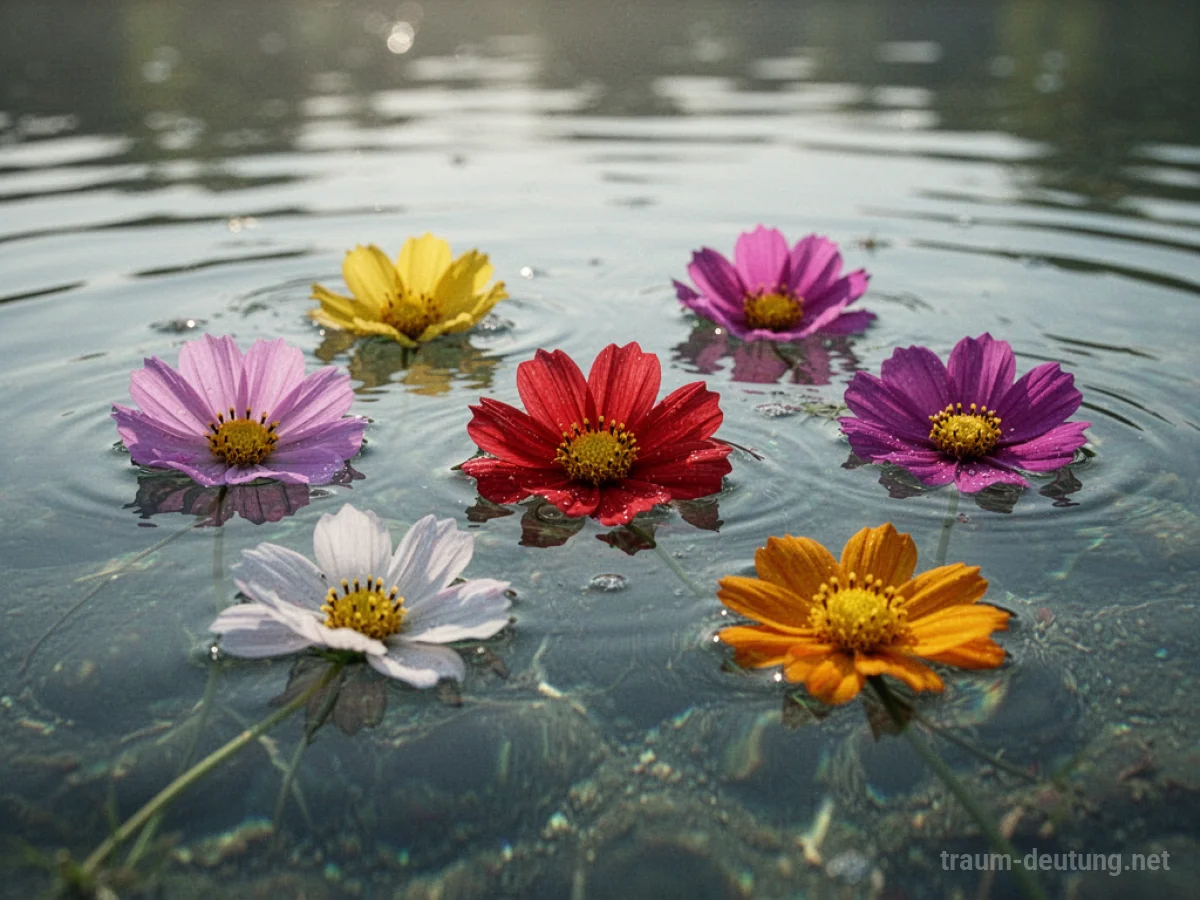 Bunte Blumen treiben auf ruhigem Wasser.