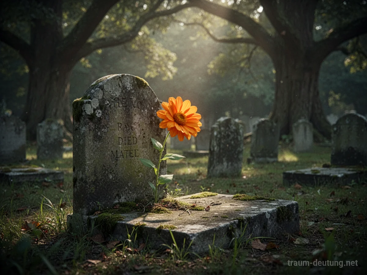 Eine einzelne Blume wächst auf einem Grabstein auf einem Friedhof.