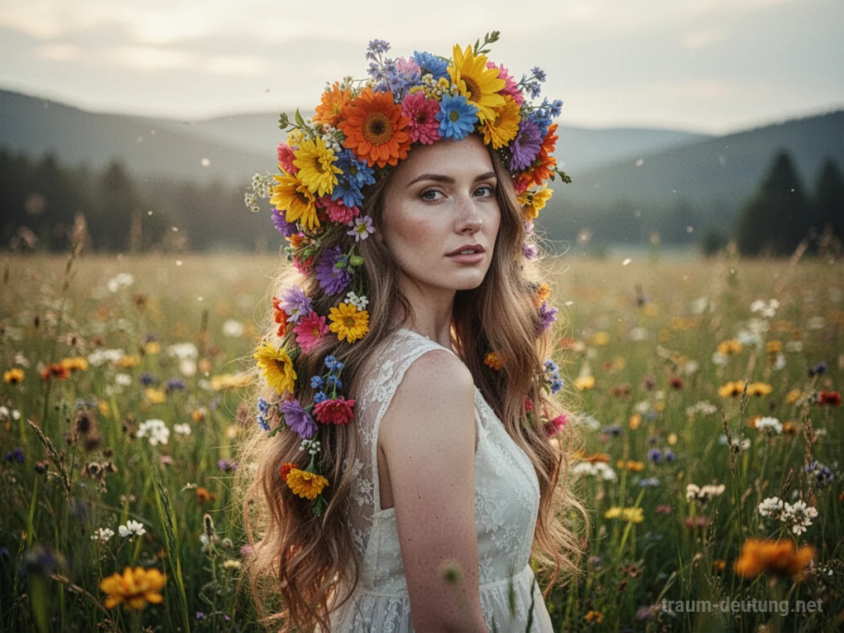 Frau mit Blumenkranz im Haar in einer sonnigen Wiese
