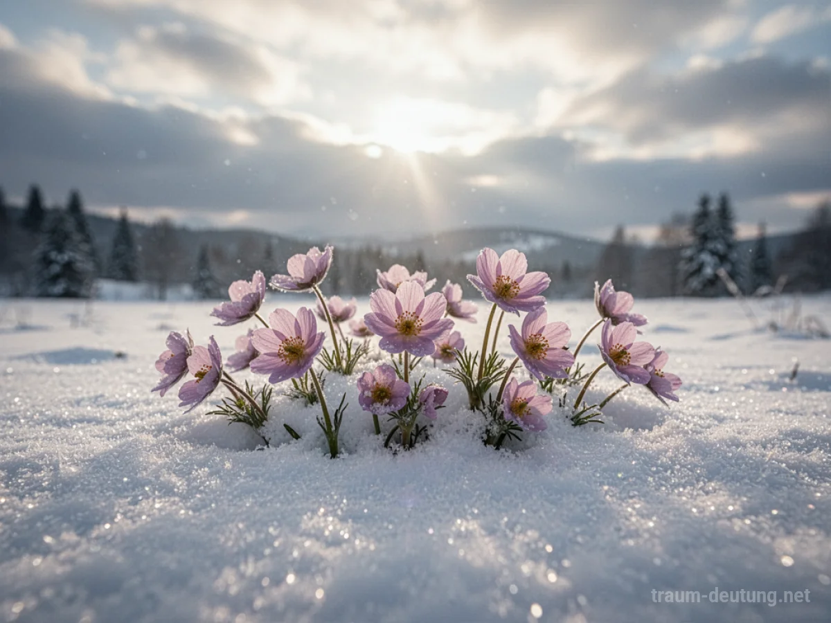Zarte Blumen wachsen durch Schnee im Sonnenlicht.
