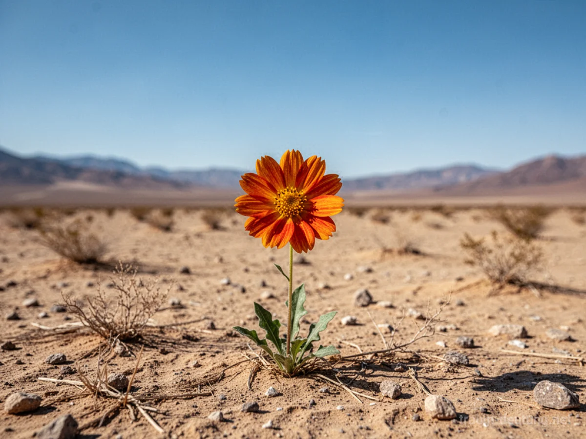 Eine einzelne, leuchtende Blume wächst in der trockenen Wüste.
