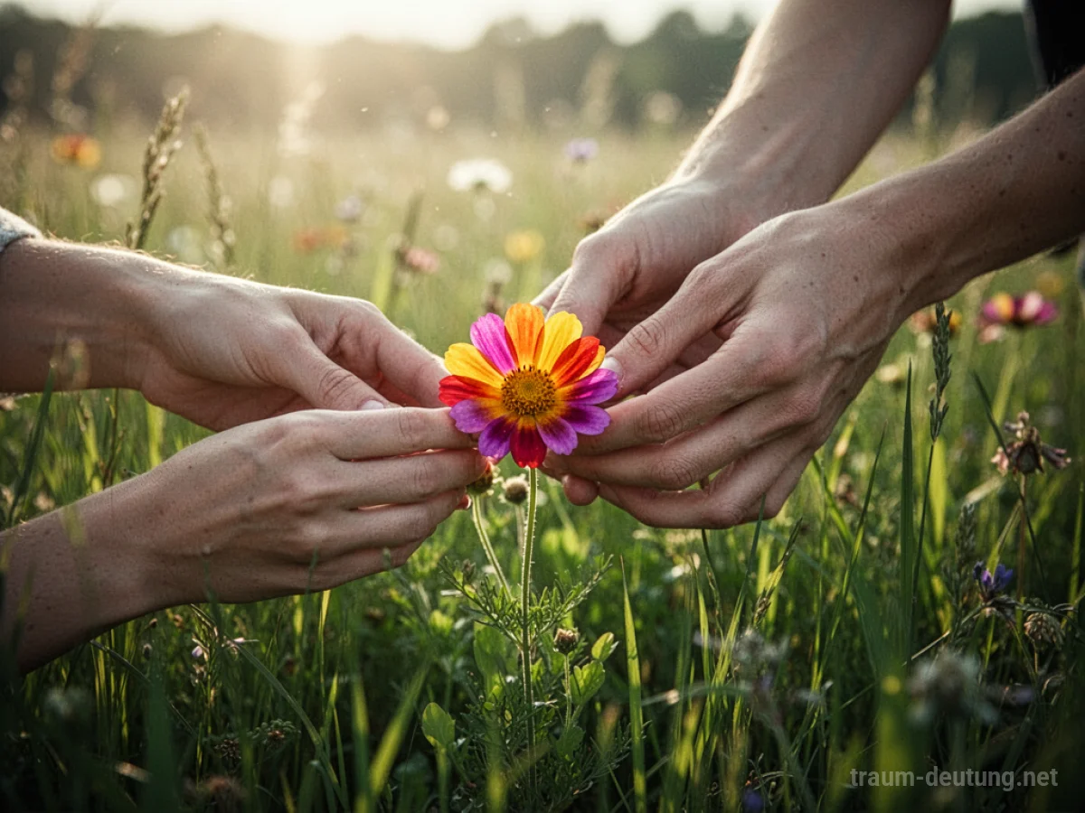 Hände pflücken eine bunte Blume auf einer grünen Wiese im Sonnenlicht.