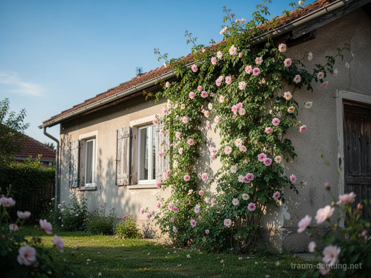 Haus mit blühenden Blumen, die daran hochranken.