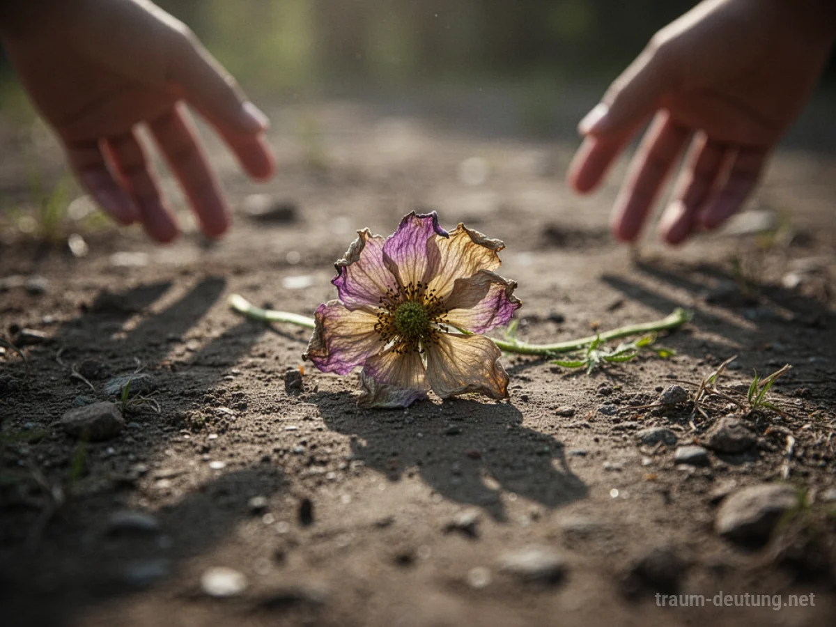 Blumen werden auf dem Boden liegend gezeigt, von Schatten bedroht.