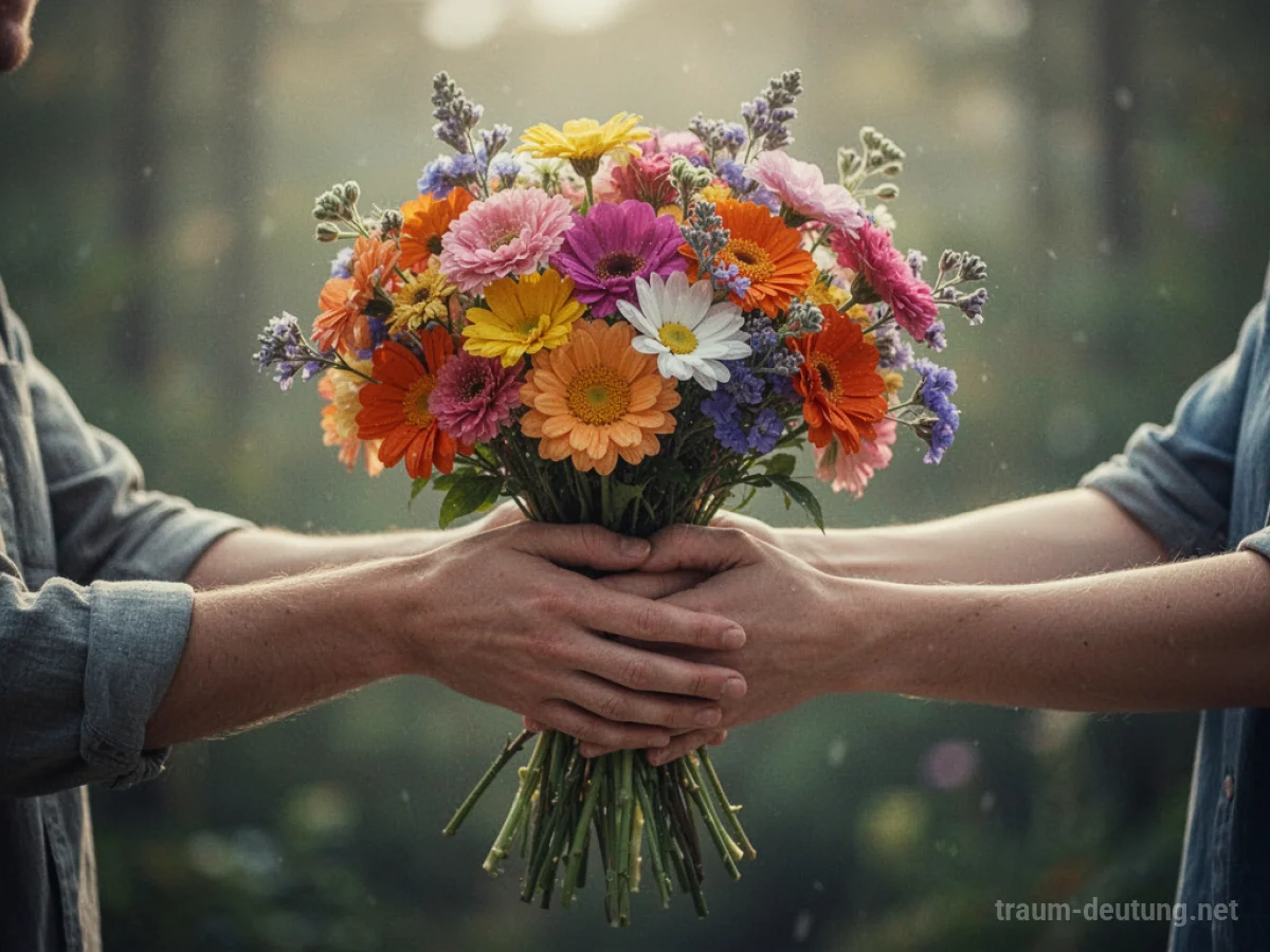 Hände erhalten einen bunten Blumenstrauß