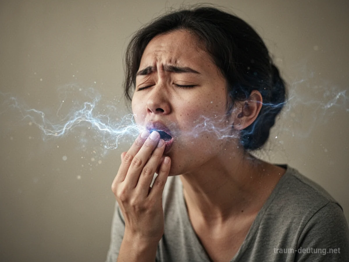 Person hustet, wobei eine symbolische Energie aus dem Mund entweicht