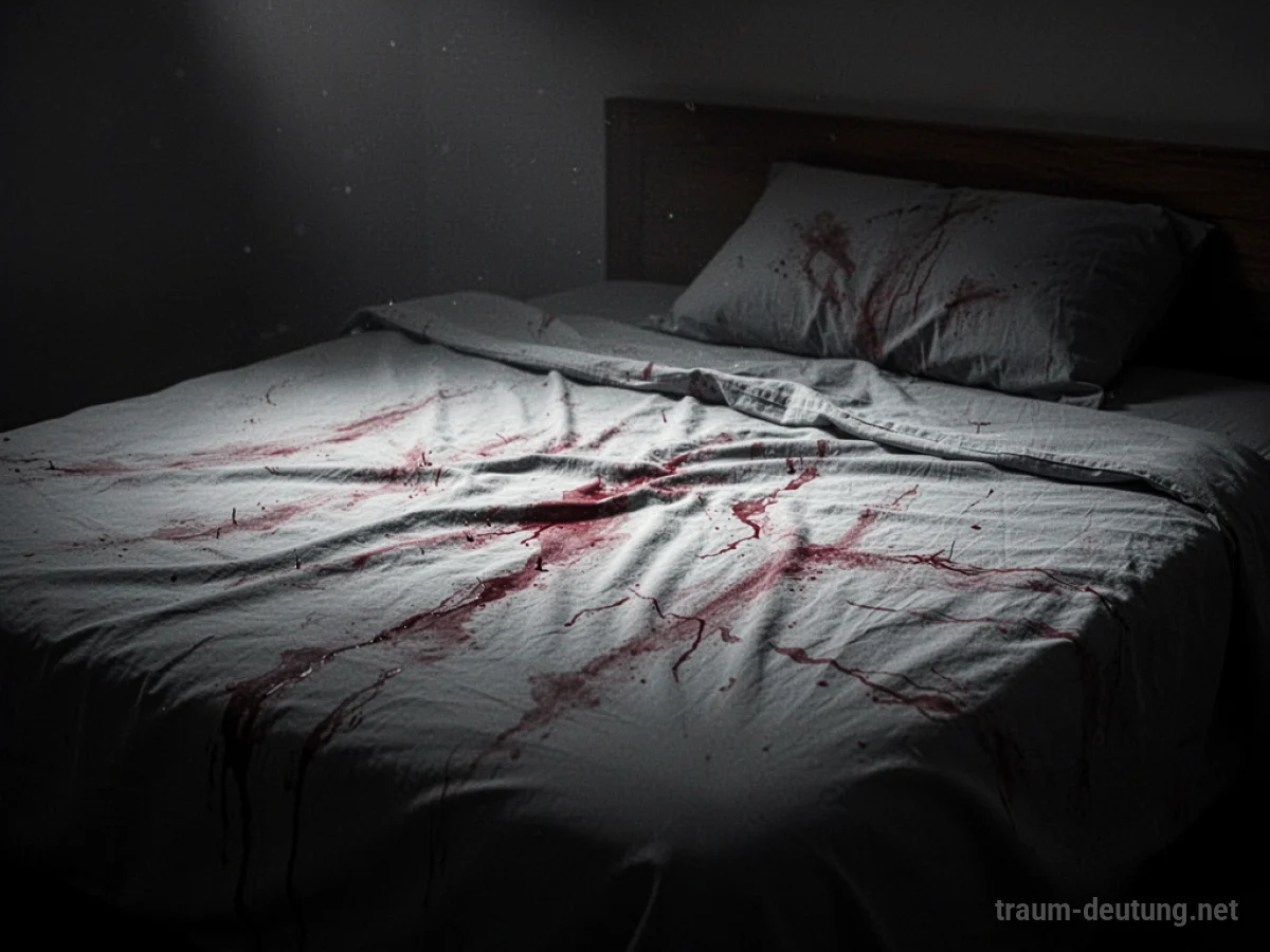 Ein Bett mit symbolischen roten Spuren auf den Laken