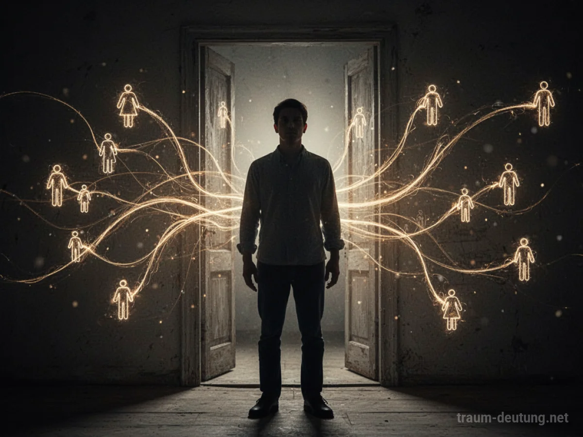 Silhouette einer Person vor einer Tür, mit symbolischen Verbindungslinien