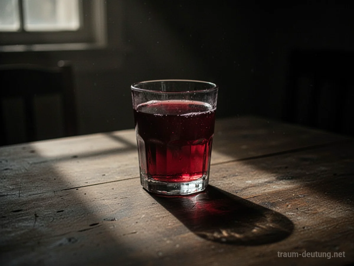 Ein einzelnes Glas mit dunkelroter Flüssigkeit in einem schwach beleuchteten Raum.
