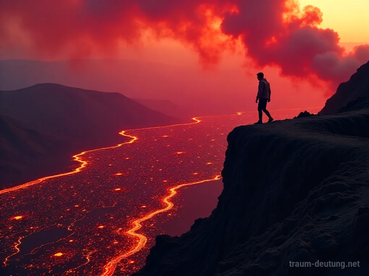 Schattenfigur balanciert über brodelnder Lava, der Boden ist glühend heiß.