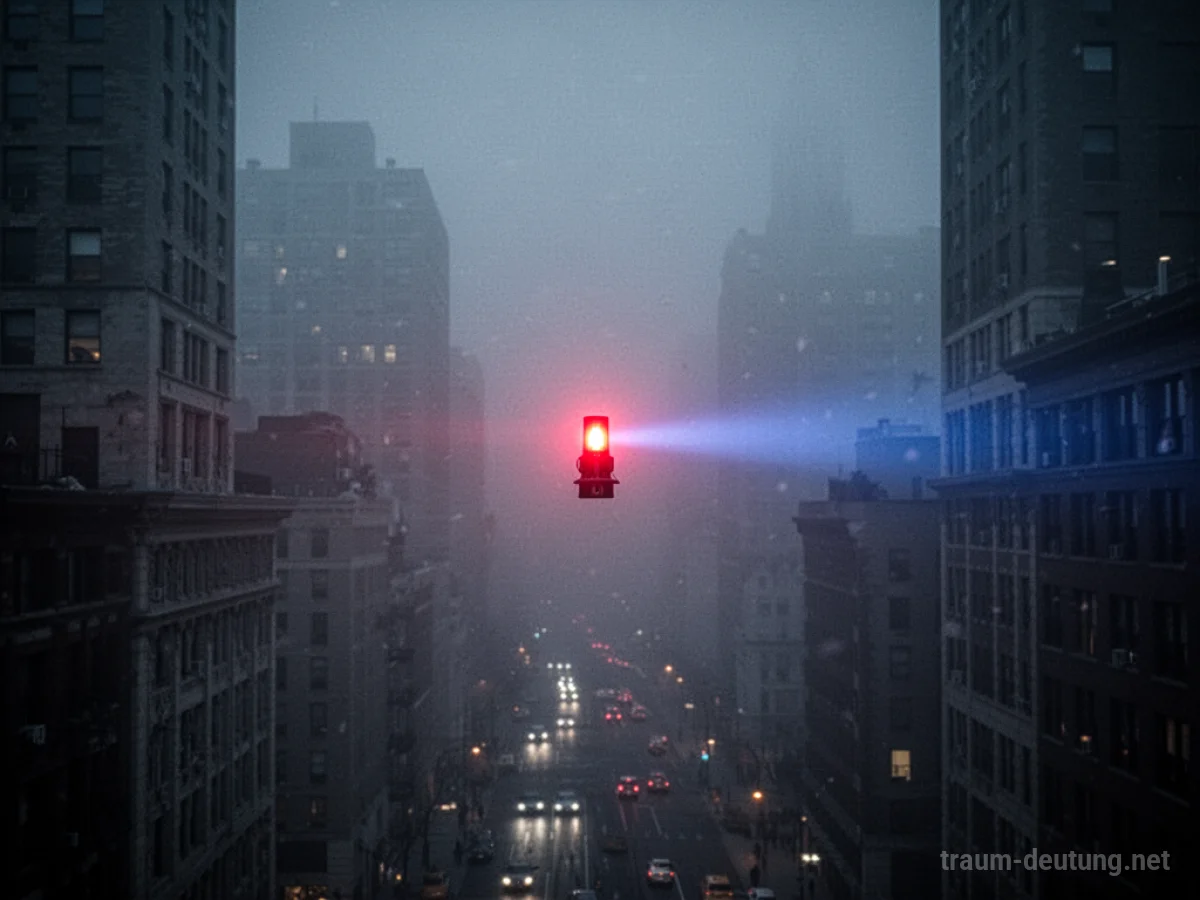 Rote und blaue Sirenenlichter in einer nebelverhangenen Stadt bei Nacht.