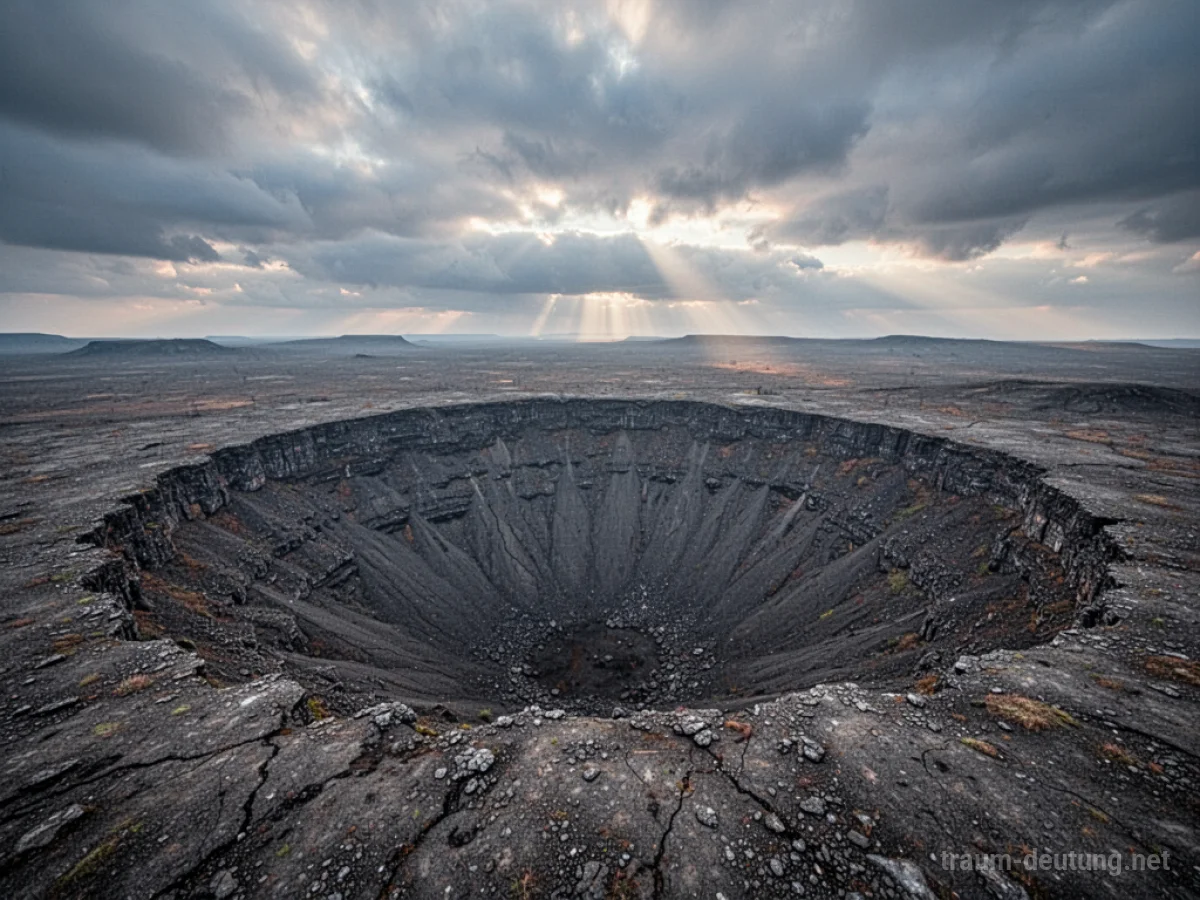 Großer Bombenkrater in einer leeren Landschaft unter dramatischem Himmel